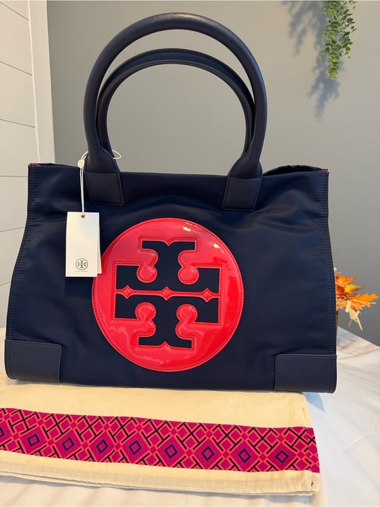 Tory Burch Handbags - NWT Tory Burch Ella Colorblock Tote Navy Red Logo 17”